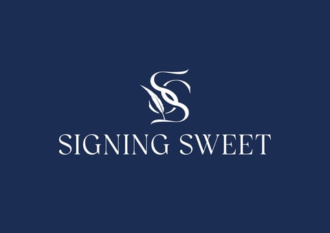 Signing Sweet logo featuring stylized gold lettering and decorative flourish on dark blue background